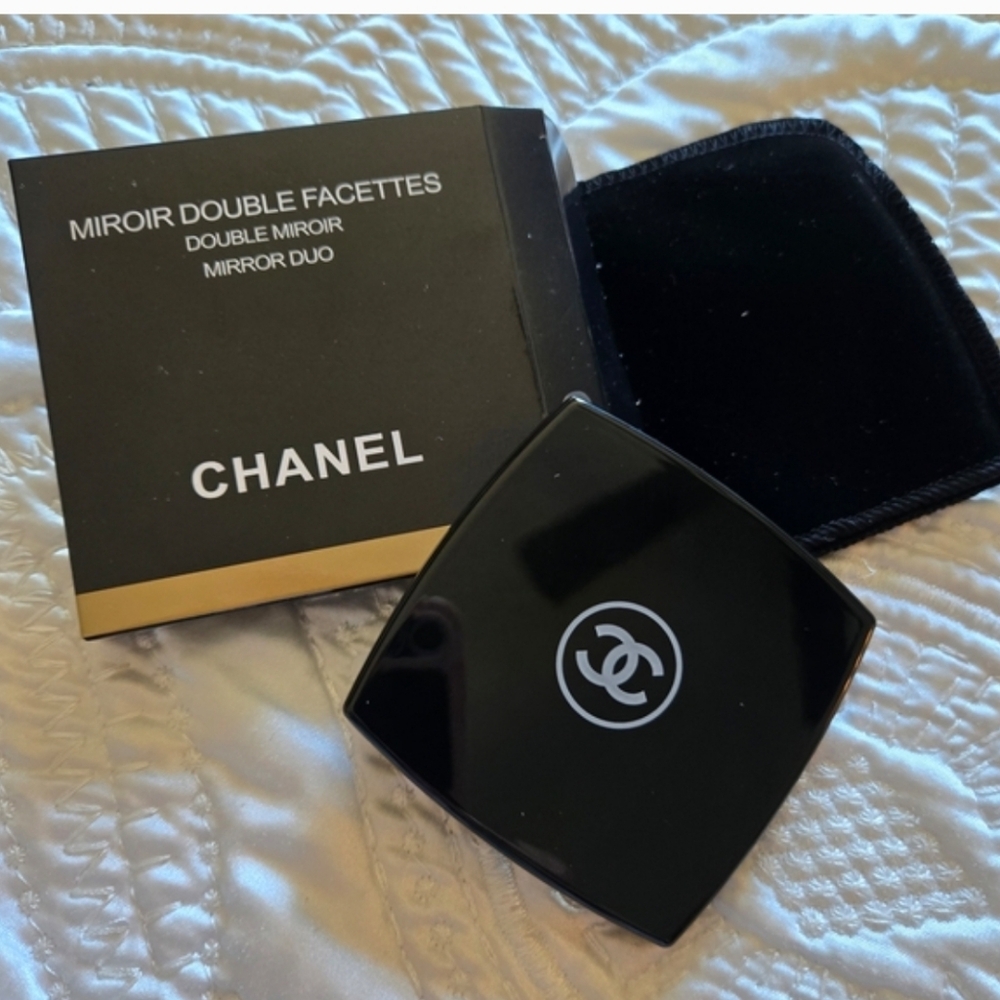 CHANEL Black Double Mirror Compact with White CC Logo